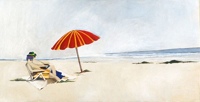 2 on a Beach with a Red Umbrella | 18 x 36 Acrylic on Canvas SOLD